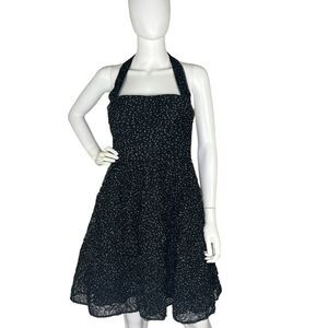 Adrianna Papell Size 8 Black Polka Dot Halter Dress Tulle Fit & Flare Retro Y2K